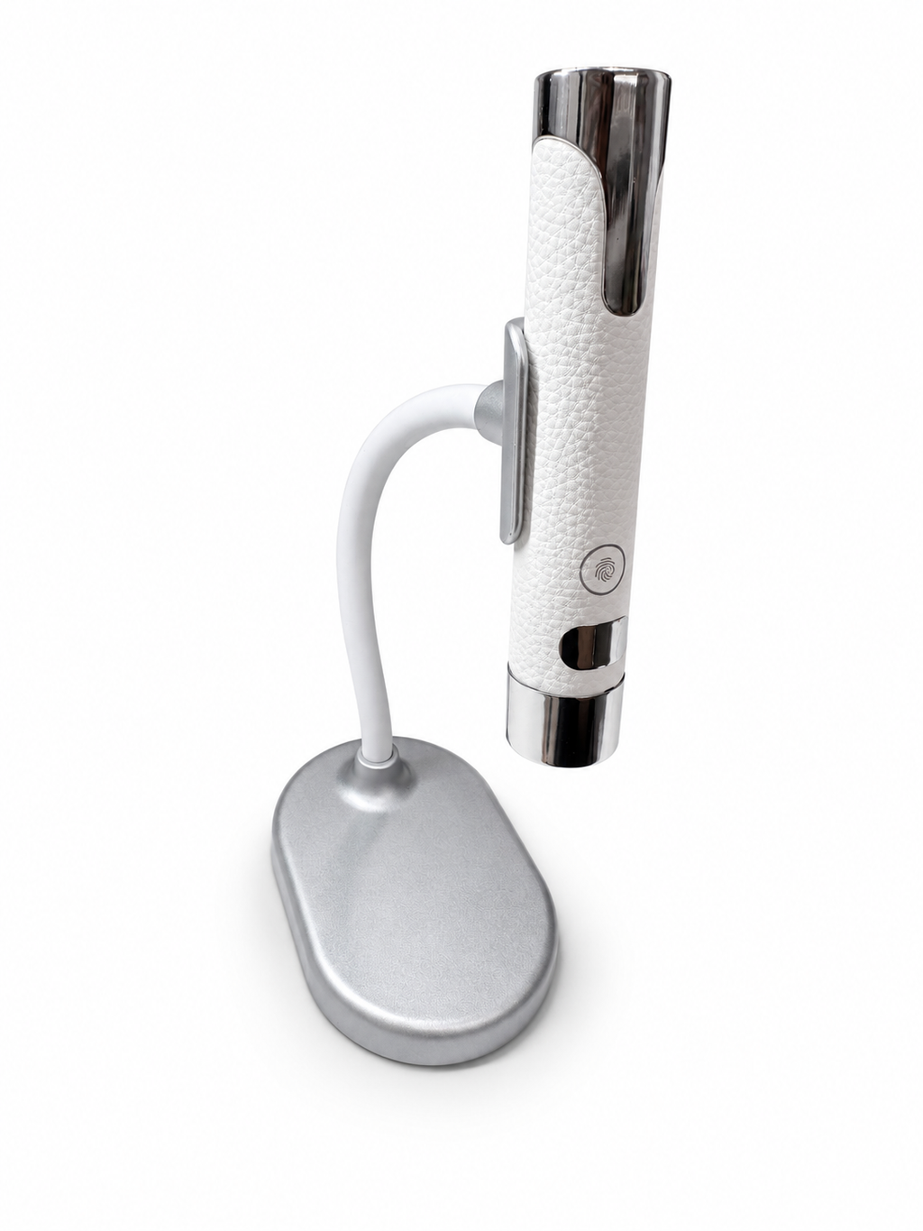 Lámpara UV LED blanca de curado puntual con soporte flexible sobre fondo blanco