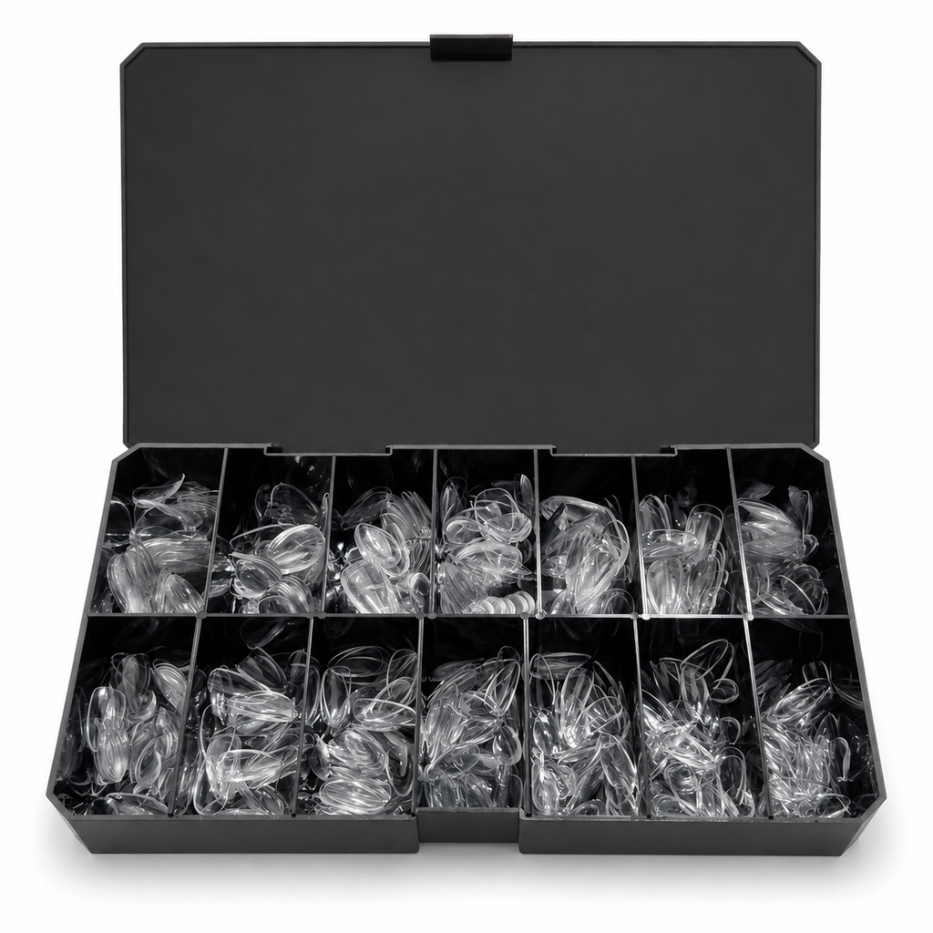 Caja abierta de tips Soft Gel Sculpted Almond Short, 14 tamaños