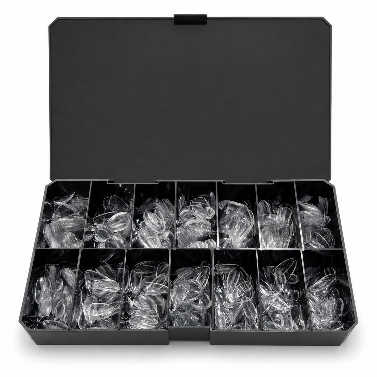 Caja abierta de tips Soft Gel Sculpted Almond Short, 14 tamaños
